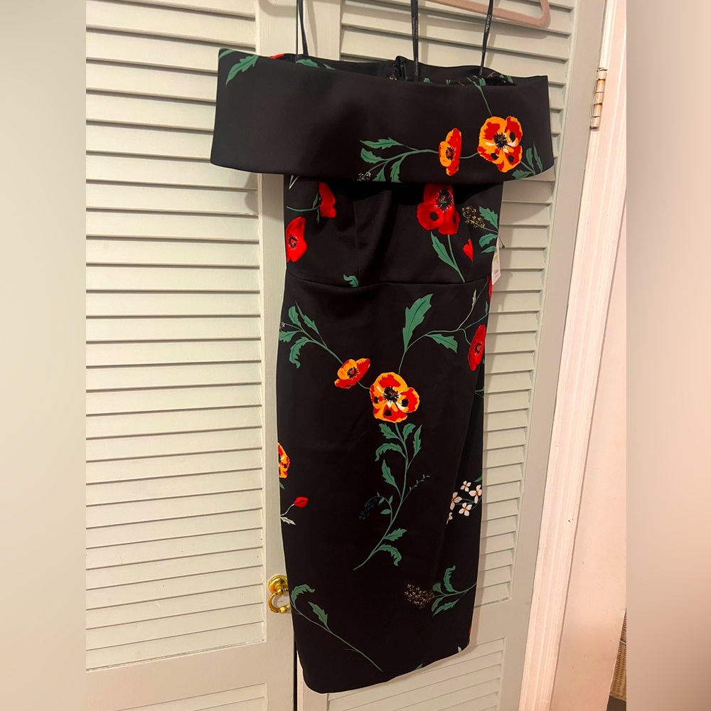 Calvin Klein black floral off the shoulder midi dress